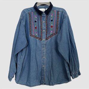 EUC Vintage Embroidered Denim Button-Up Shirt Jacket, Velvet Collar, Women’s XL